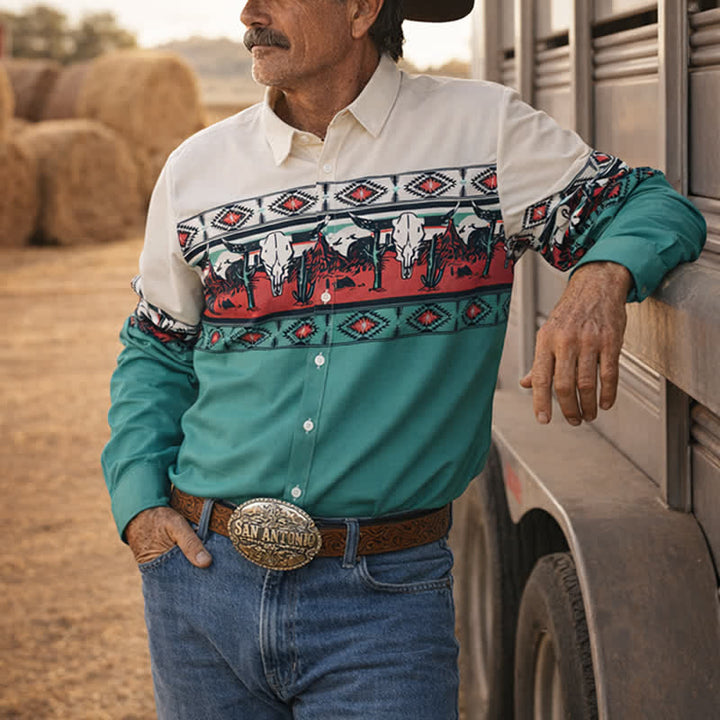 T-shirt homme imprimé en 3D avec un taureau Longhorn et un motif désertique, style color-block - Turquoise - 6XL - image 0