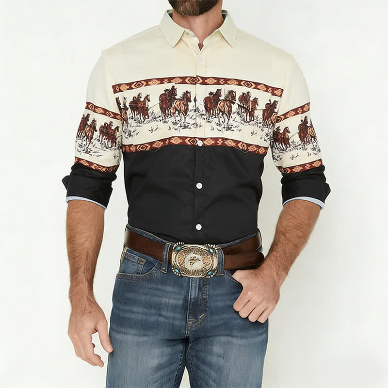 Chemise à blocs de couleurs pour homme avec imprimé cheval - image 1