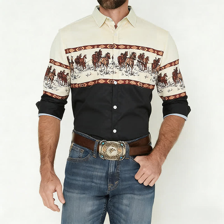 Chemise à blocs de couleurs pour homme avec imprimé cheval - image 1