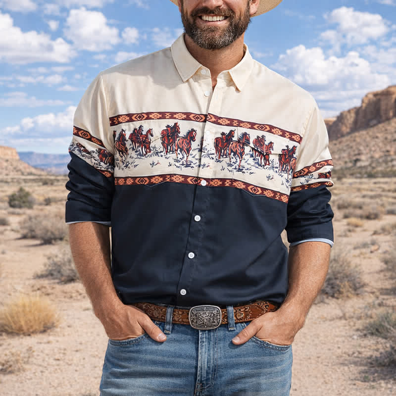 Chemise à blocs de couleurs pour homme avec imprimé cheval - Ivoire et noir - 5XL - image 0
