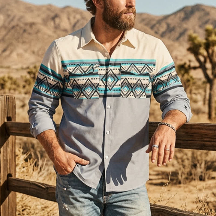 Chemise imprimée style sud-ouest américain à rayures aztèques et blocs de couleurs pour homme - Ivoire et gris - 3XL - image 0
