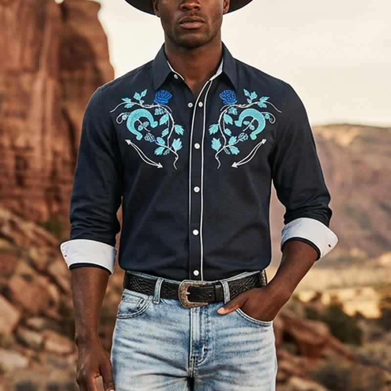 Chemise de cowboy pour homme Rugged West à motif fer à cheval et rose - Blanc et noir - 6XL - image 4