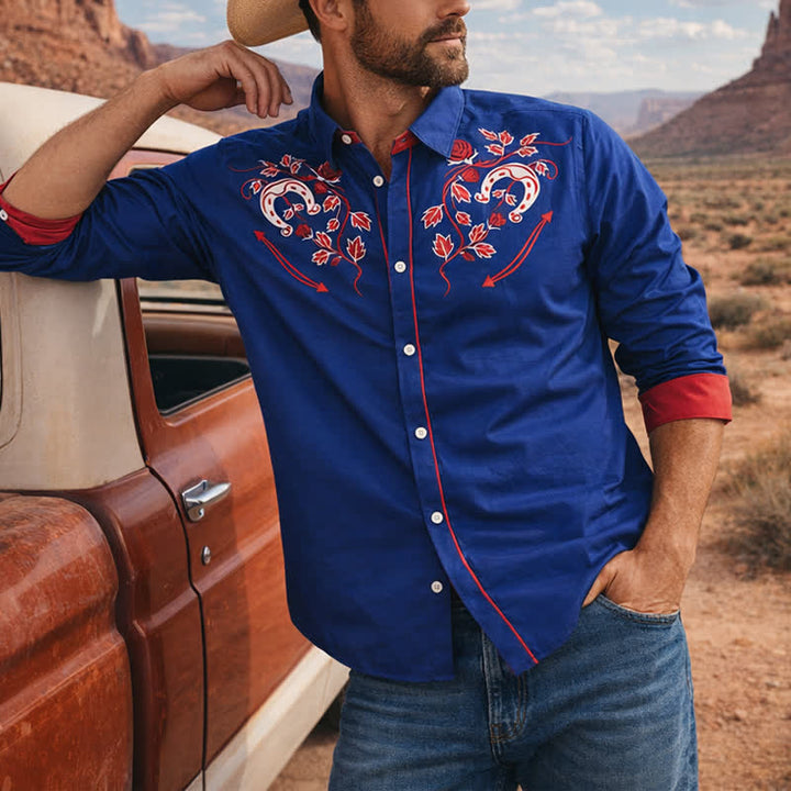 Chemise de cowboy pour homme Rugged West à motif fer à cheval et rose - Rouge et marine - 6XL - image 0