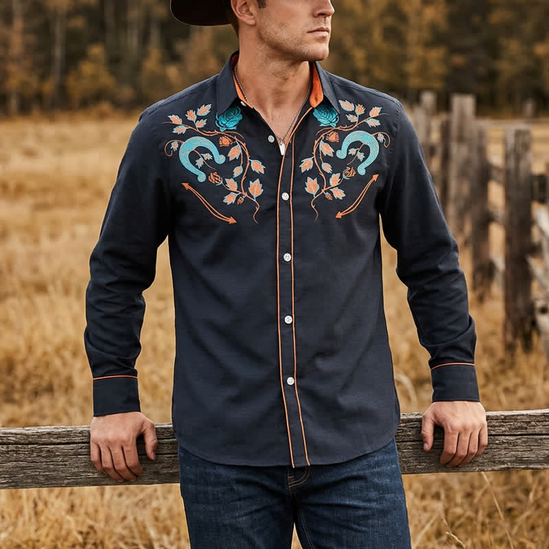 Chemise de cowboy pour homme Rugged West à motif fer à cheval et rose - Orange et noir - 6XL - image 5