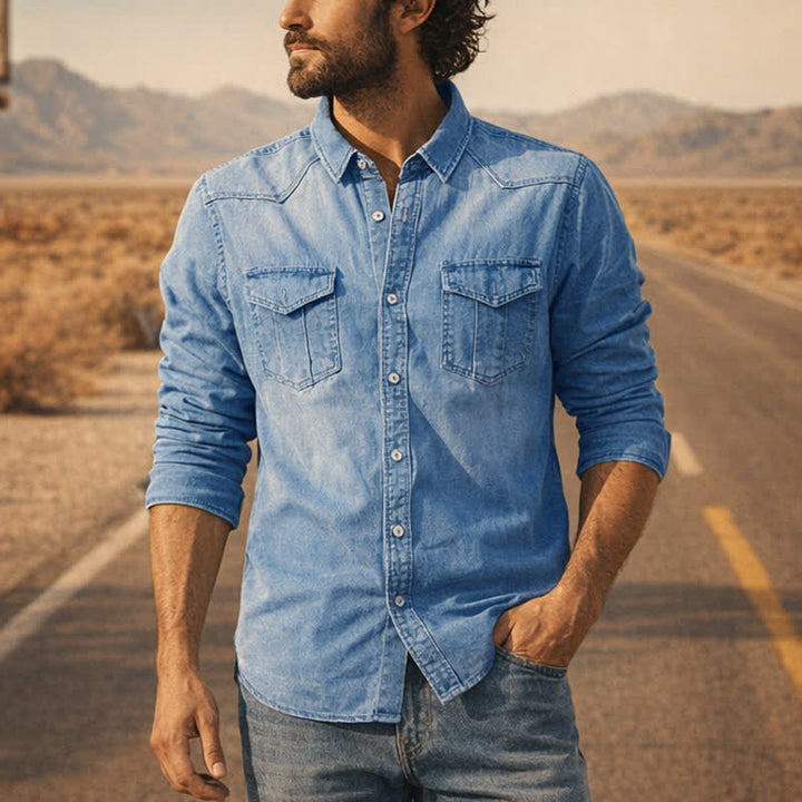 Chemise en jean décontractée style western pour homme avec poches poitrine - Bleu clair - 3XL - image 0