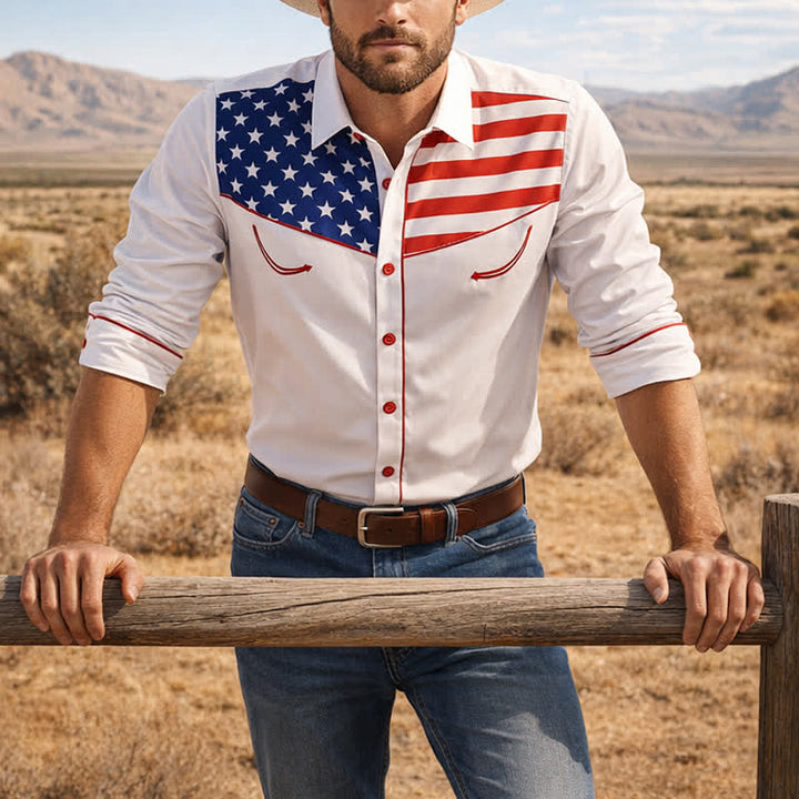Chemise à boutons pour homme avec empiècement à motif drapeau américain western - Blanc - 5XL - image 0