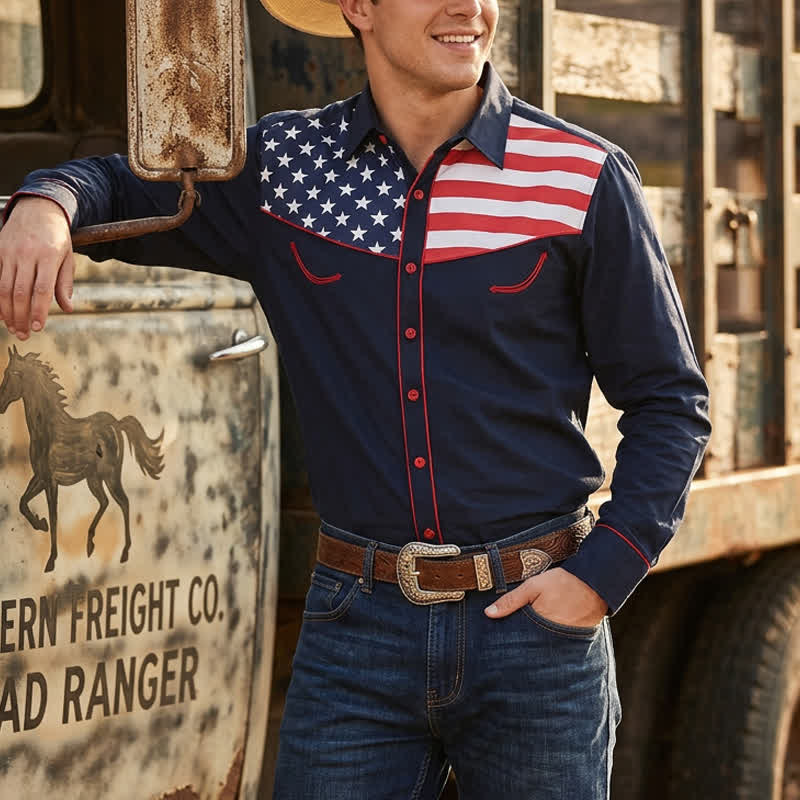 Chemise à boutons pour homme avec empiècement à motif drapeau américain western - Marine - 5XL - image 5