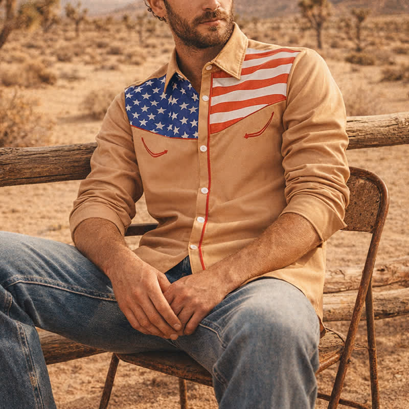 Chemise à boutons pour homme avec empiècement à motif drapeau américain western - Kaki - 5XL - image 4