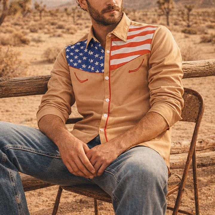 Chemise à boutons pour homme avec empiècement à motif drapeau américain western - Kaki - 5XL - image 4