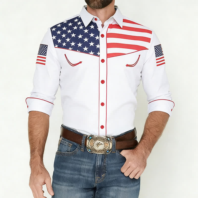 Chemise à boutons pour homme avec empiècement à motif drapeau américain western - image 1