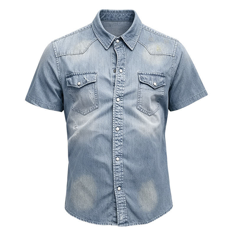 Chemise western vintage en denim délavé à manches courtes pour homme - image 13