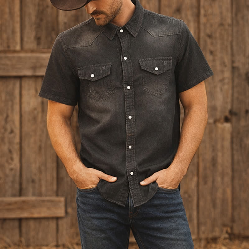 Chemise western vintage en denim délavé à manches courtes pour homme - Gris foncé - 3XL - image 4