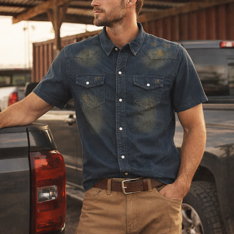 Chemise western vintage en denim délavé à manches courtes pour homme - Bleu foncé - 3XL - image 0