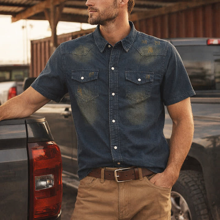 Chemise western vintage en denim délavé à manches courtes pour homme - Bleu foncé - 3XL - image 0