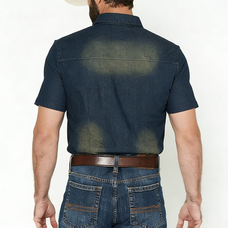 Chemise western vintage en denim délavé à manches courtes pour homme - image 2