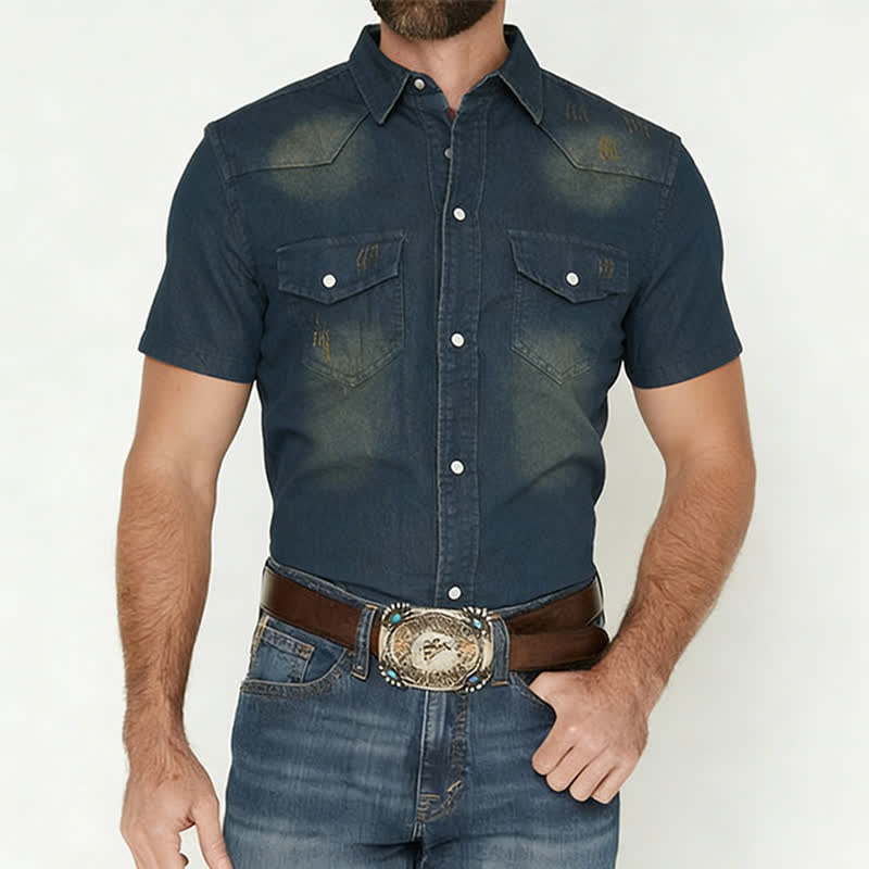 Chemise western vintage en denim délavé à manches courtes pour homme - image 1
