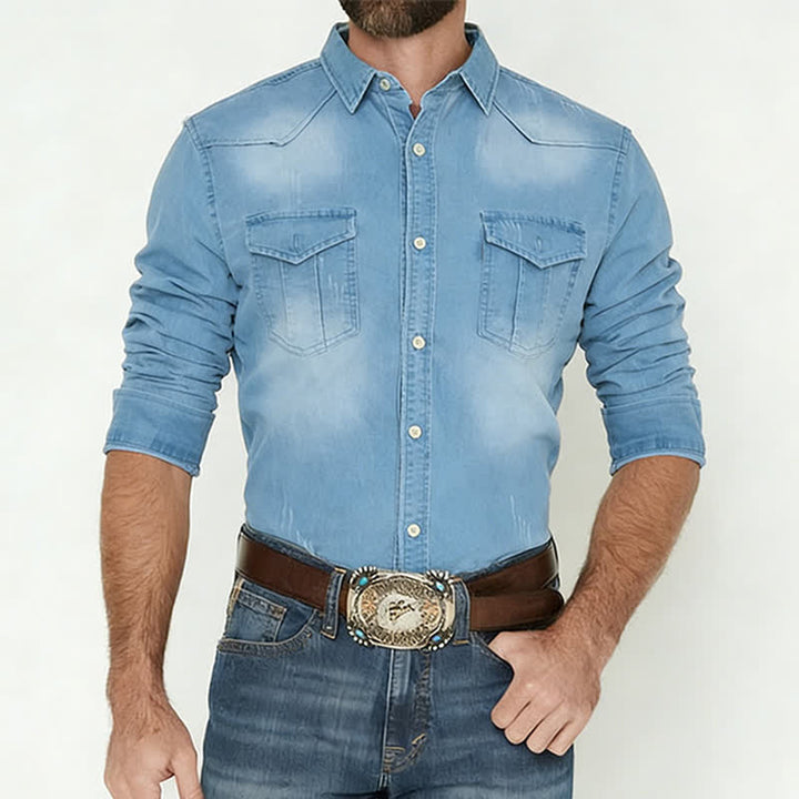 Chemise en jean décontractée style western pour homme avec poches poitrine - image 1
