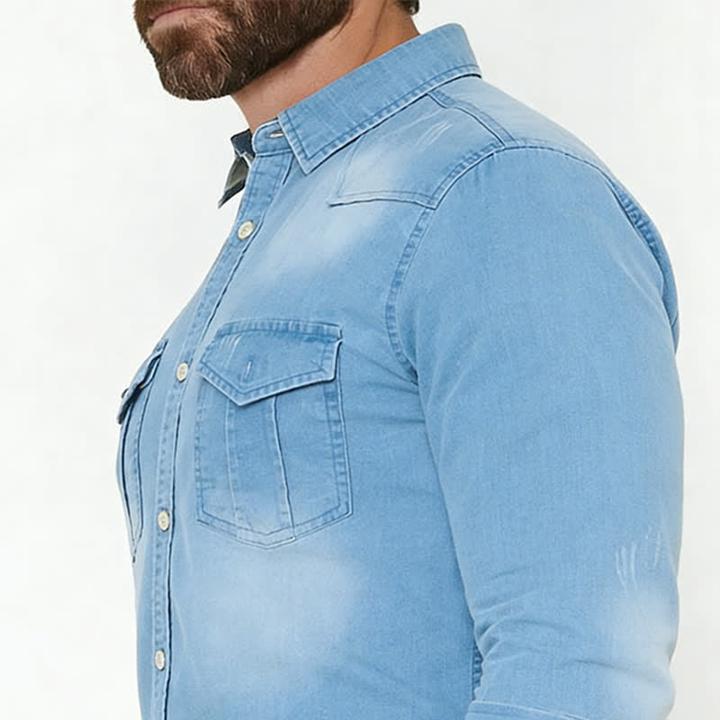 Chemise en jean décontractée style western pour homme avec poches poitrine - image 3