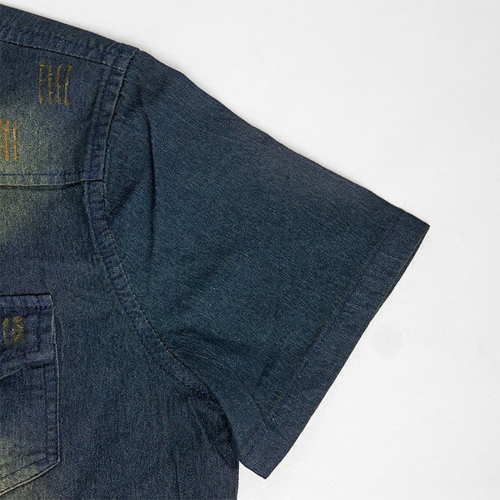 Chemise western vintage en denim délavé à manches courtes pour homme - image 9