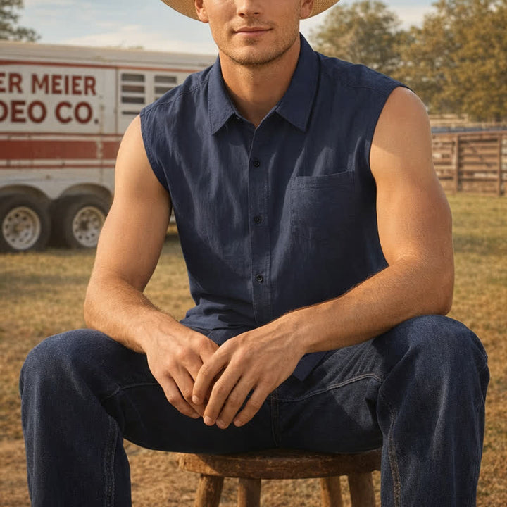 Chemise sans manches légère en lin pour homme, style décontracté plage et ranch. - Marine - 3XL - image 0