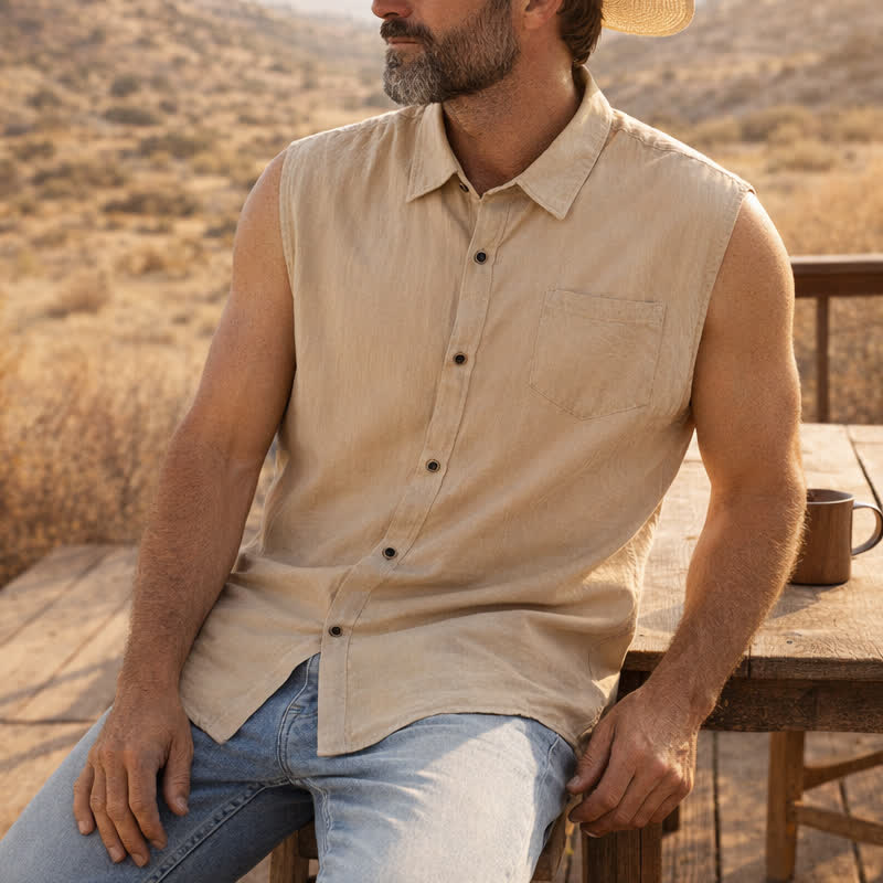 Chemise sans manches légère en lin pour homme, style décontracté plage et ranch. - Kaki - 3XL - image 3