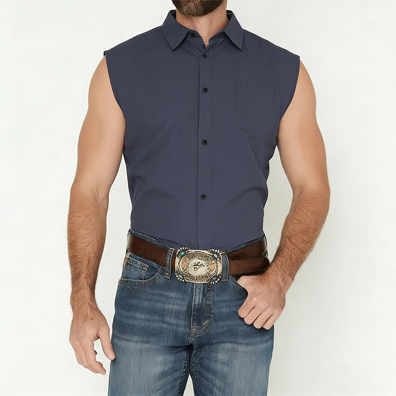 Chemise sans manches légère en lin pour homme, style décontracté plage et ranch. - image 1