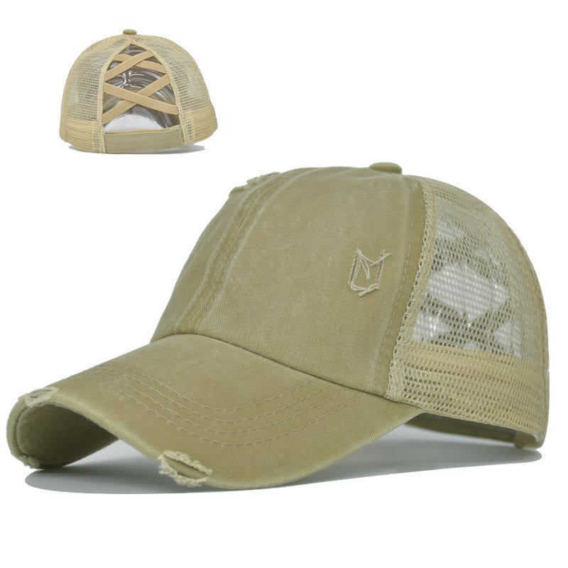 Casquette de baseball en coton lavé à maille ajourée et effet vieilli - Vert kaki - Réglable (environ 21 5/8" à 22 7/8") - image 5