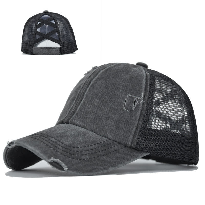 Casquette de baseball en coton lavé à maille ajourée et effet vieilli - Noir - Réglable (environ 21 5/8" à 22 7/8") - image 1