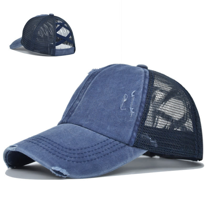 Casquette de baseball en coton lavé à maille ajourée et effet vieilli - Bleu marine et noir - Réglable (environ 21 5/8" à 22 7/8") - image 0
