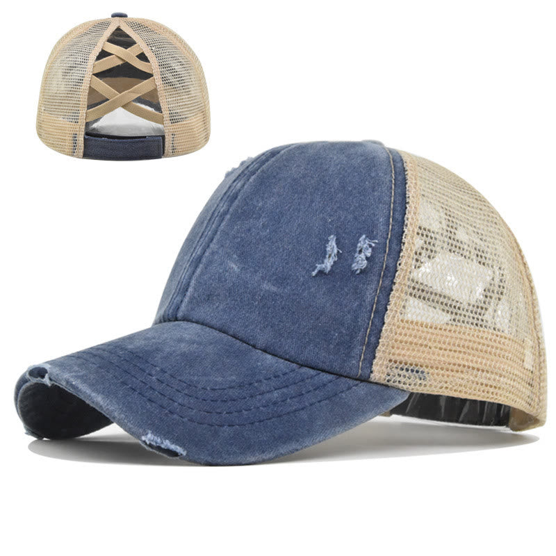 Casquette de baseball en coton lavé à maille ajourée et effet vieilli - Bleu marine et blanc - Réglable (environ 21 5/8" à 22 7/8") - image 12