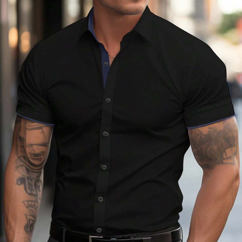 Chemise boutonnée à manches courtes stretch d'été pour homme - Noir - 3XL - image 1