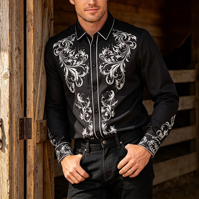 Chemise western pour homme à imprimé floral noir et blanc - Noir - 6XL - image 0