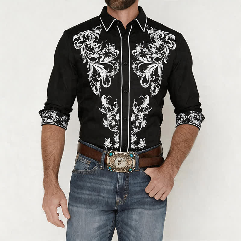Chemise western pour homme à imprimé floral noir et blanc - image 1