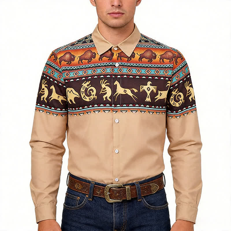 Chemise pour homme à motif de bison et d'animaux, style western amérindien - image 1