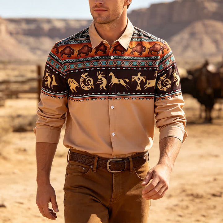 Chemise pour homme à motif de bison et d'animaux, style western amérindien - Brun - 6XL - image 0