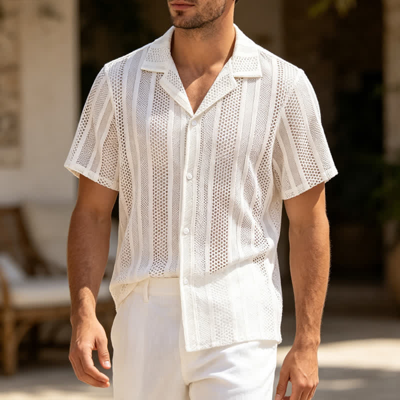 Chemise en maille ajourée à rayures pour homme - Blanc - 2XL - image 0