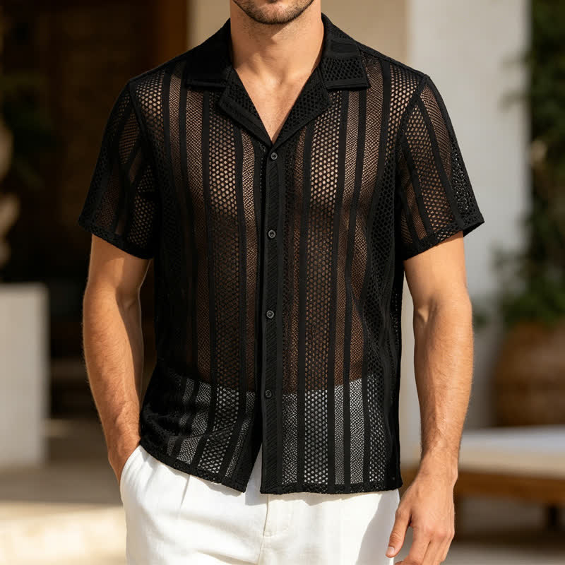 Chemise en maille ajourée à rayures pour homme - Noir - 2XL - image 4