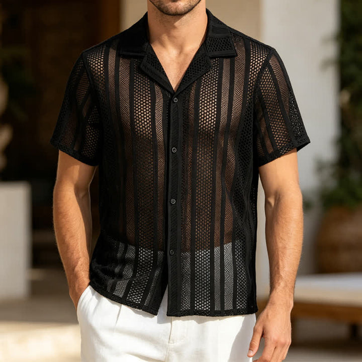 Chemise en maille ajourée à rayures pour homme - Noir - 2XL - image 4
