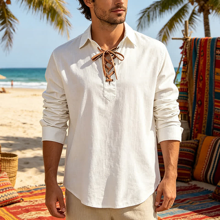 Chemise vintage en lin à lacets pour homme - Blanc - 3XL - image 5
