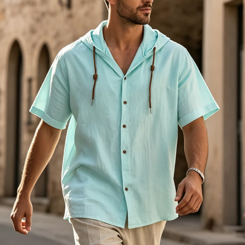Chemise légère et fine à capuche en lin pour homme - Aqua - 3XL - image 0