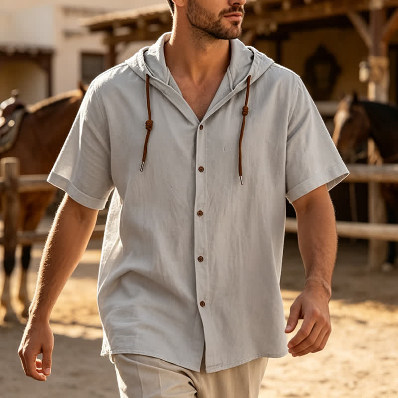 Chemise légère et fine à capuche en lin pour homme - Gris - 3XL - image 5
