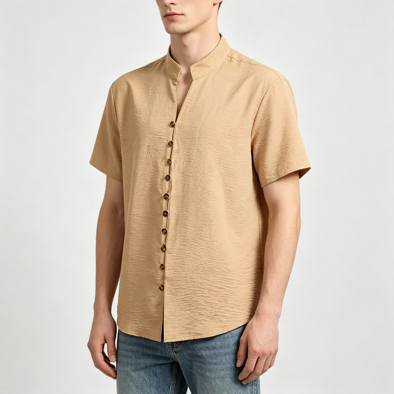 Chemise homme en lin mélangé à col montant et motif froissé - image 1