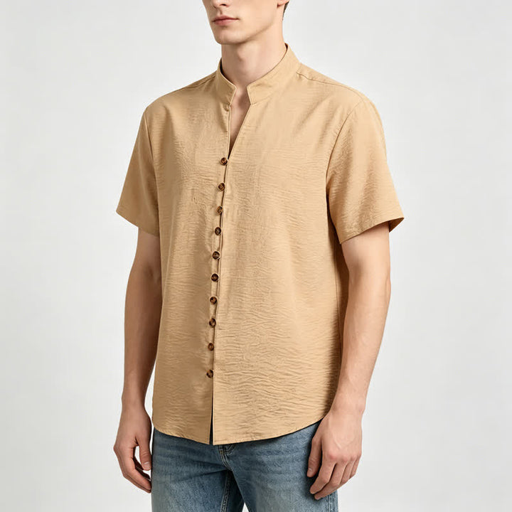 Chemise homme en lin mélangé à col montant et motif froissé - image 1