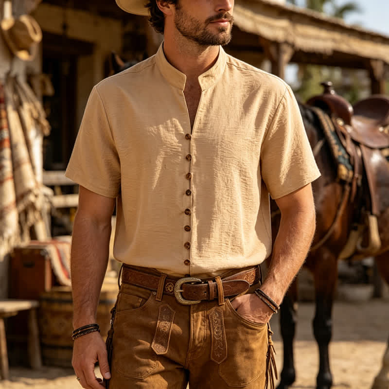 Chemise homme en lin mélangé à col montant et motif froissé - Kaki - 3XL - image 0