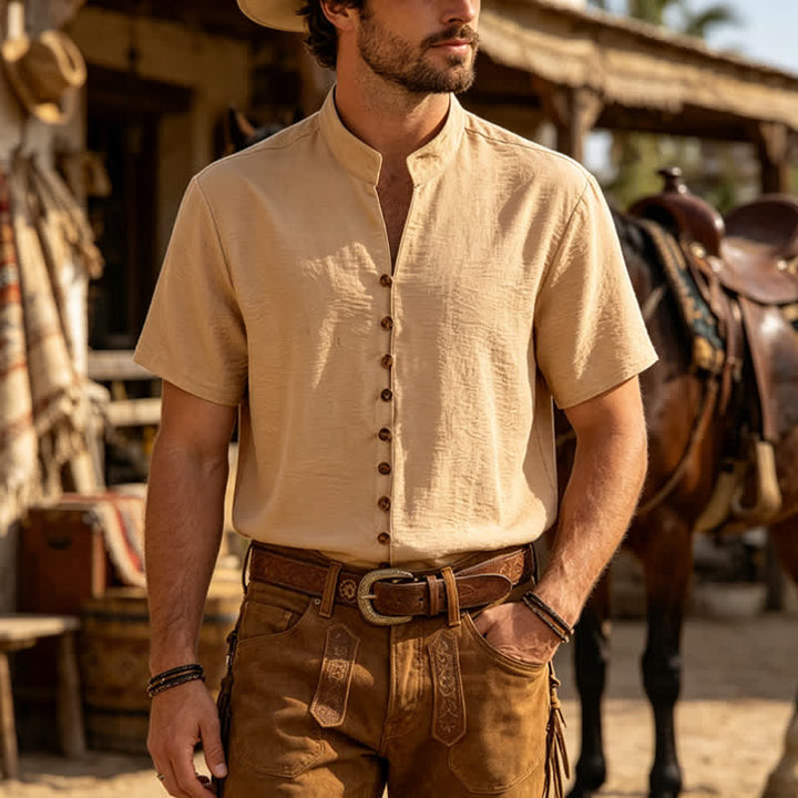 Chemise homme en lin mélangé à col montant et motif froissé - Kaki - 3XL - image 0