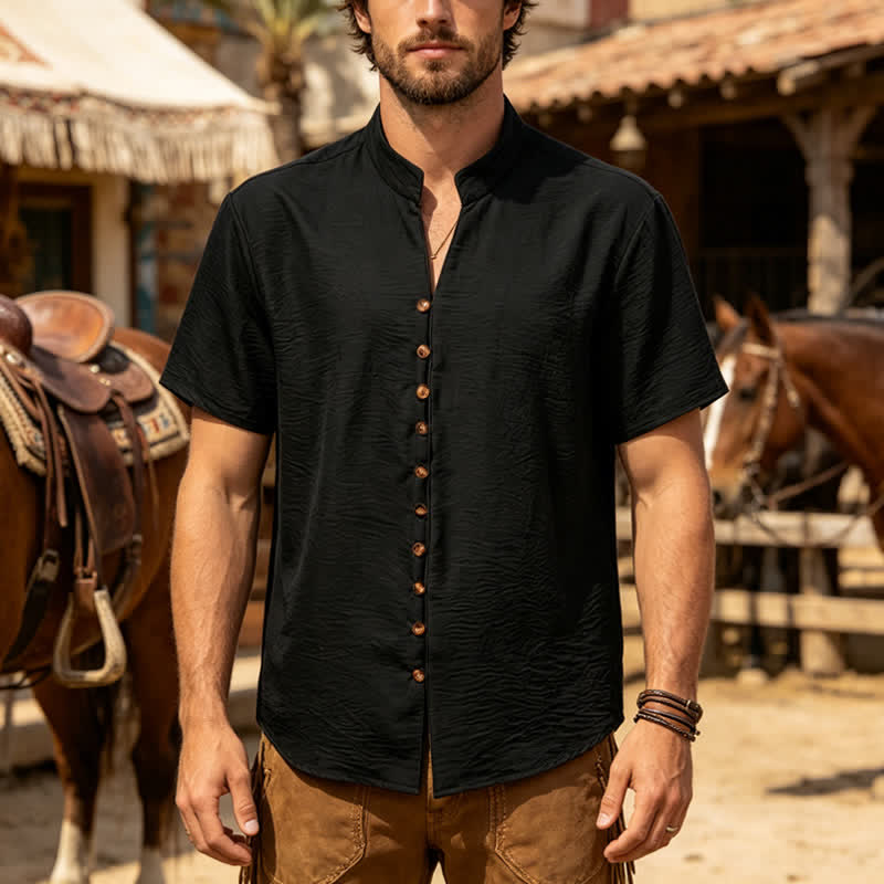 Chemise homme en lin mélangé à col montant et motif froissé - Noir - 3XL - image 5