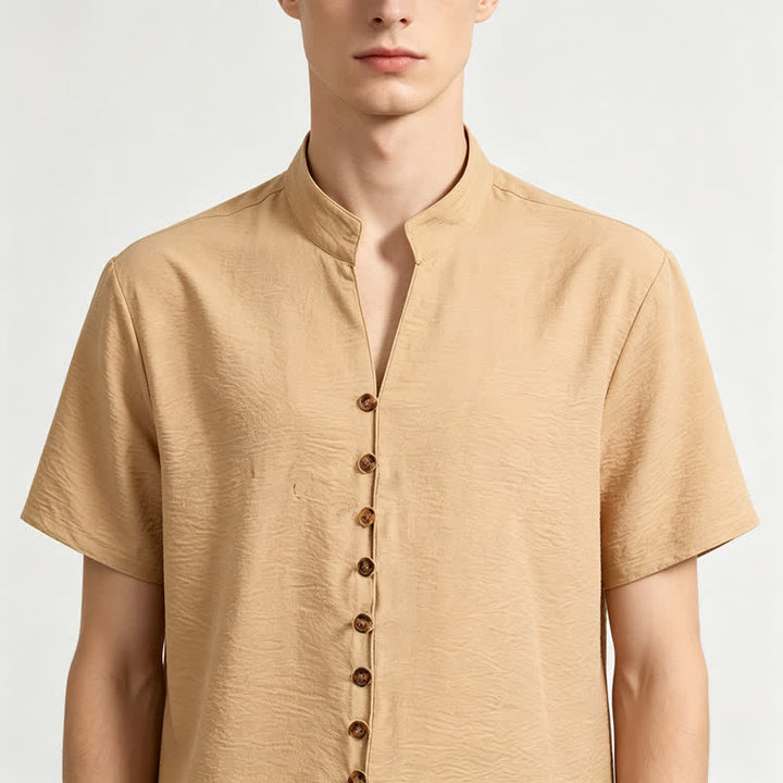 Chemise homme en lin mélangé à col montant et motif froissé - image 3