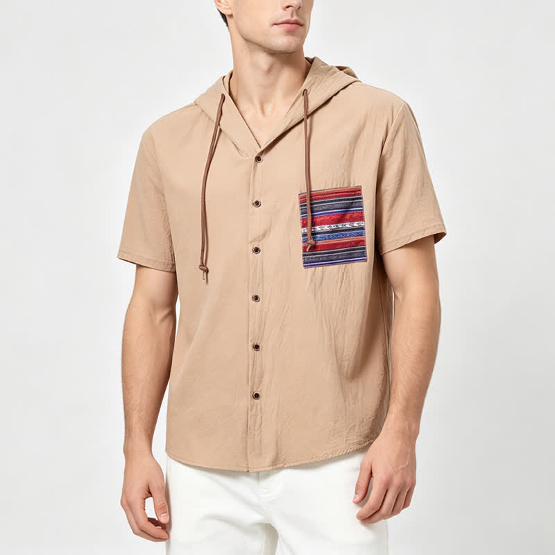 Chemise à capuche en lin pour homme avec détails ethniques tribaux sur la poche - image 1