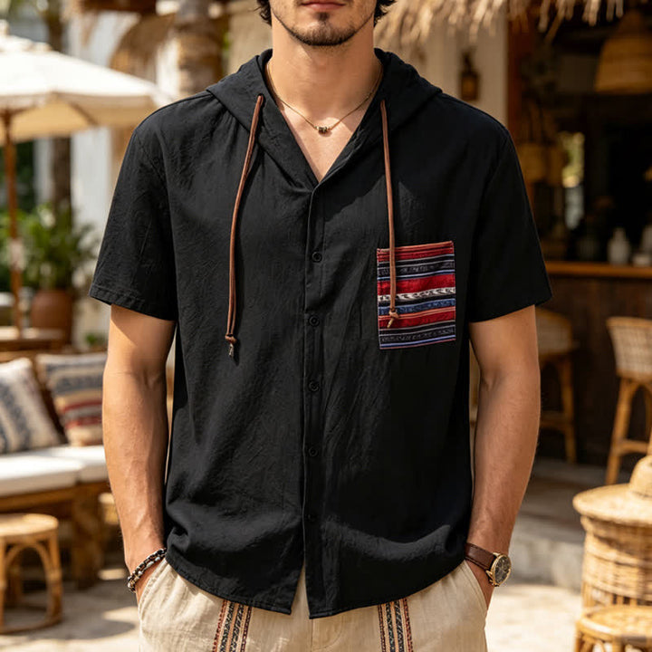 Chemise à capuche en lin pour homme avec détails ethniques tribaux sur la poche - Noir - 3XL - image 4