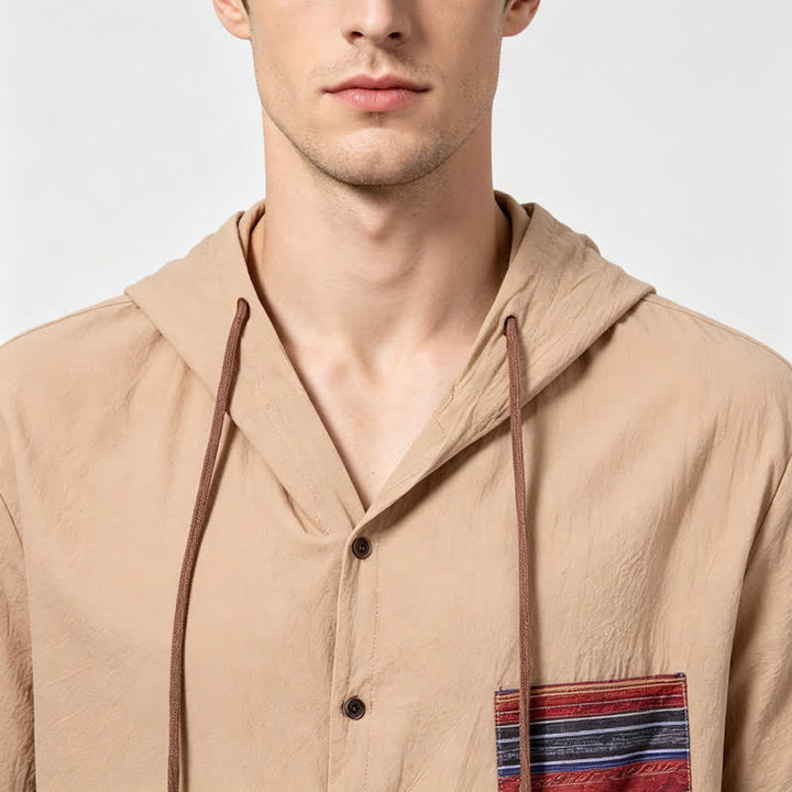 Chemise à capuche en lin pour homme avec détails ethniques tribaux sur la poche - image 3
